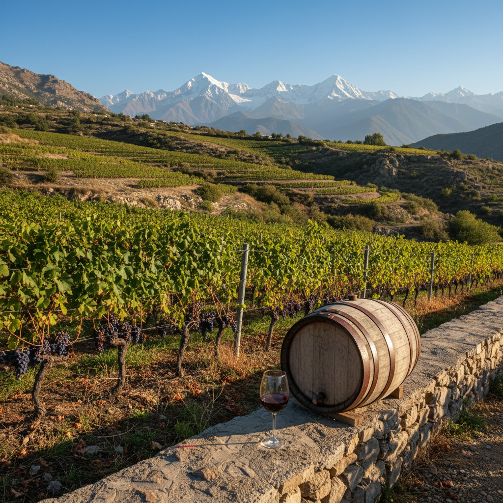 Vinhedo de altitude no Quirguistão com montanhas majestosas ao fundo, destacando a paisagem única para a produção de vinho na Ásia Central.