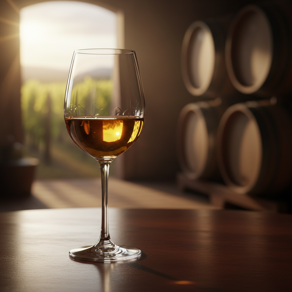 Taça de vinho de sobremesa com líquido dourado, sobre mesa de madeira escura, com fundo desfocado de vinhedo ou adega iluminada.