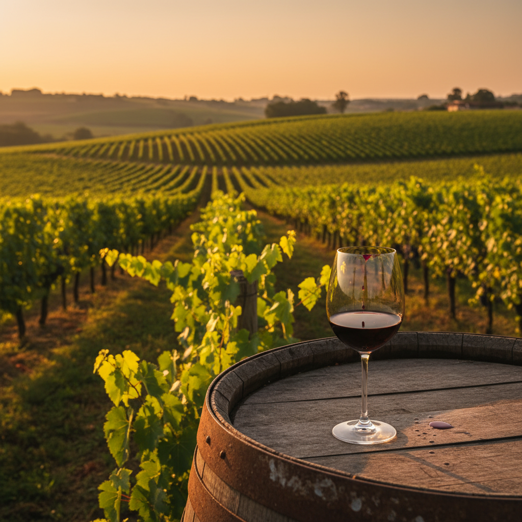 Vinhedo brasileiro ao pôr do sol com uma taça de vinho tinto sobre um barril de madeira, destacando a beleza das regiões vinícolas do Brasil.