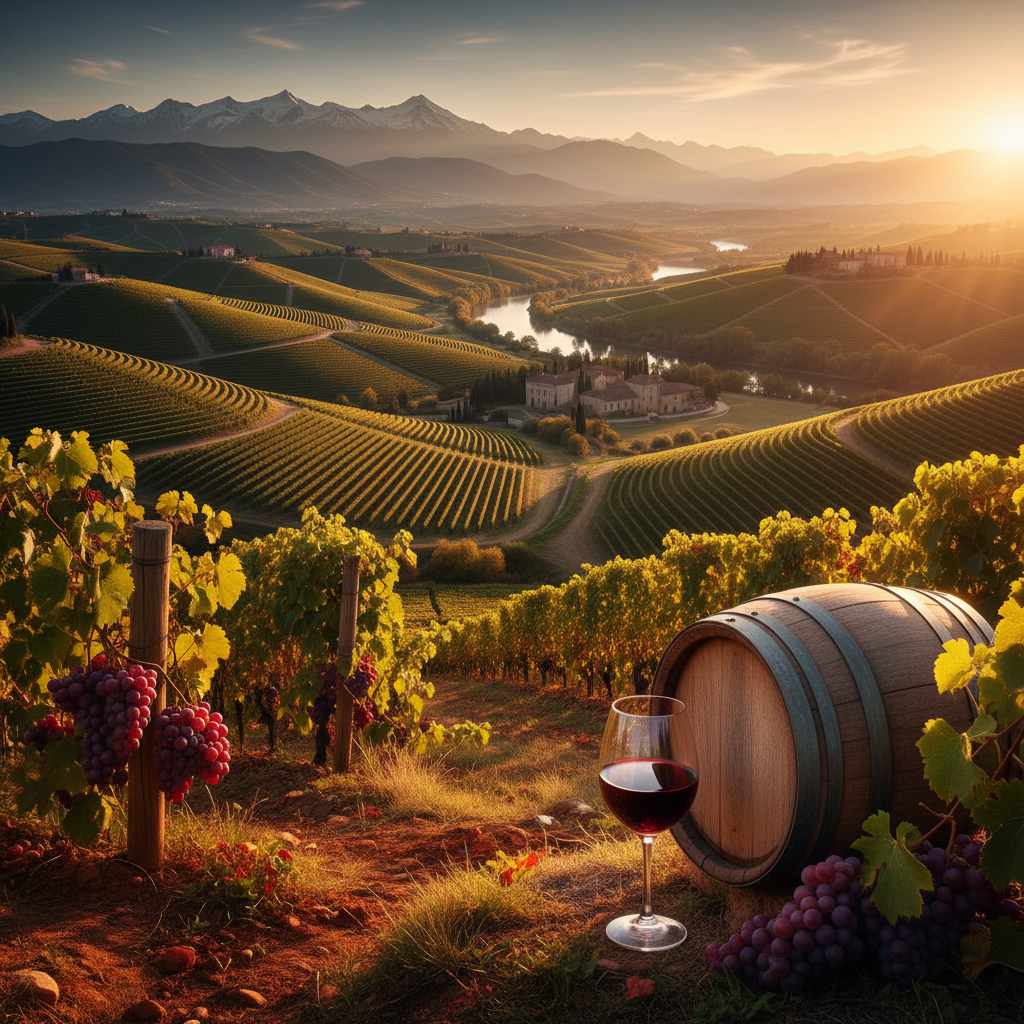 Paisagem panorâmica de vinhedos de vinho tinto, com barris de carvalho e uma taça de vinho, representando os terroirs lendários das regiões mais famosas do mundo.