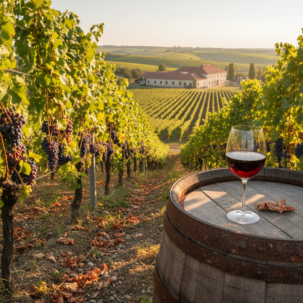 Vinhedos ensolarados da Moldávia com barris de carvalho e uma taça de vinho tinto, simbolizando o renascimento e o futuro promissor da indústria vinícola moldava.