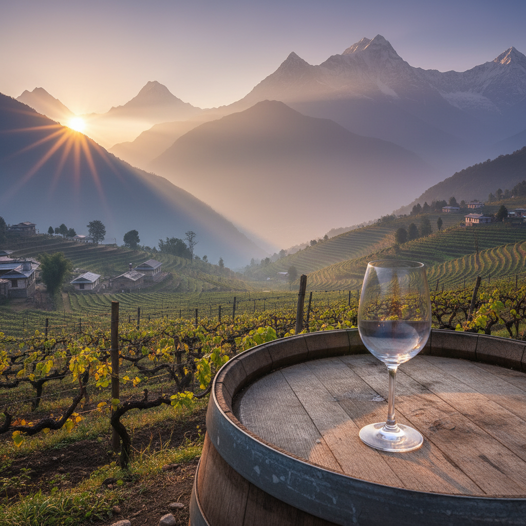 Vinhedo nepalês com montanhas ao fundo e uma taça de vinho sobre um barril de madeira rústico, simbolizando o renascimento do vinho no Nepal.
