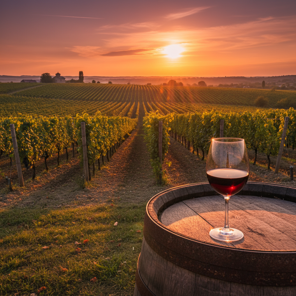 Um copo de vinho tinto repousando sobre um barril de madeira em um vinhedo sérvio ao pôr do sol, com videiras exuberantes ao fundo.