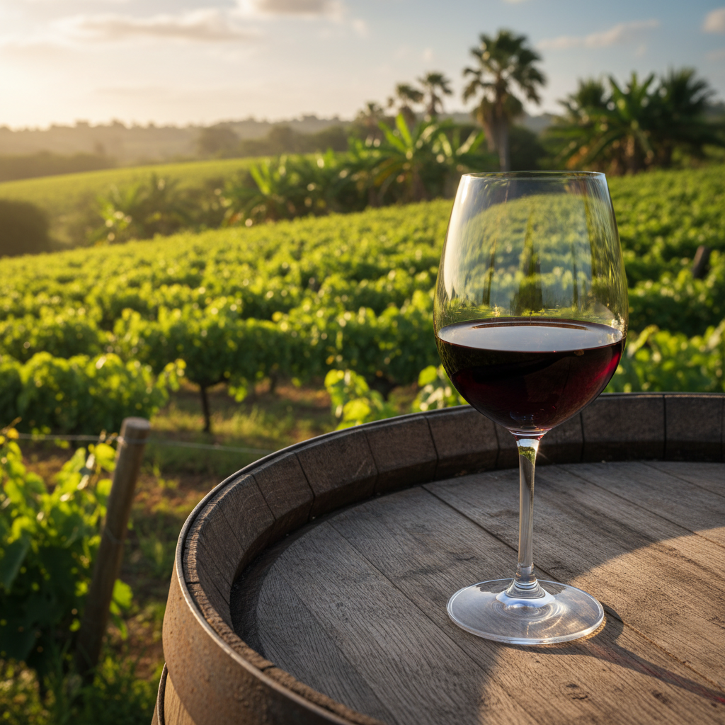 Vinhedo exuberante na República Dominicana com uma taça de vinho tinto sobre um barril de madeira, simbolizando o enoturismo emergente na ilha.
