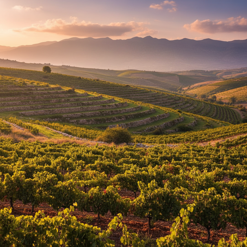 Vinhedo libanês no Vale do Bekaa, com parreiras e montanhas ao fundo, sob a luz dourada do entardecer.
