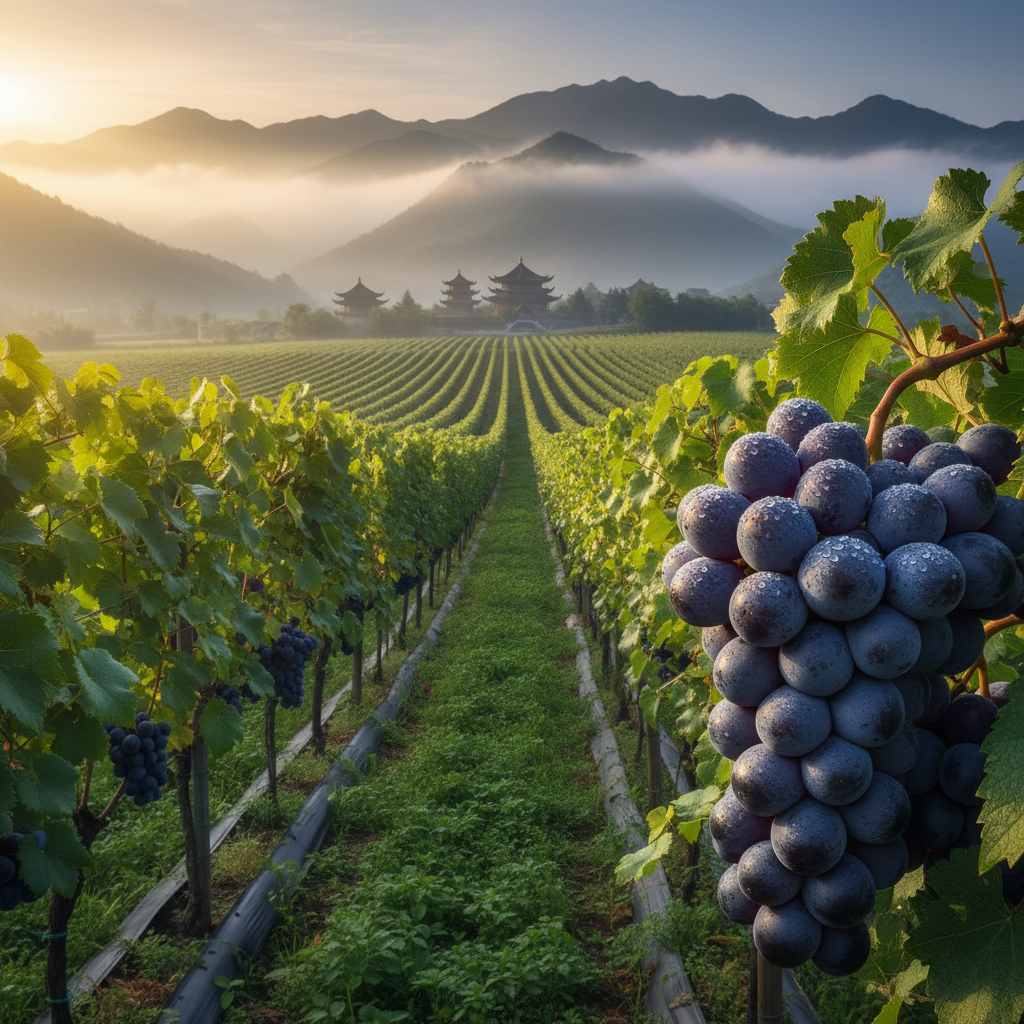 Vinhedo asiático exuberante com uvas maduras ao amanhecer, representando a ascensão da viticultura na Coreia do Sul e Japão.