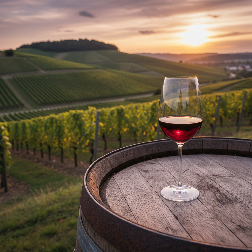 Vinhedo de Rheingau ao pôr do sol, com uma taça de vinho tinto (Spätburgunder/Pinot Noir) sobre um barril de carvalho, transmitindo a elegância e a tradição vinícola alemã.