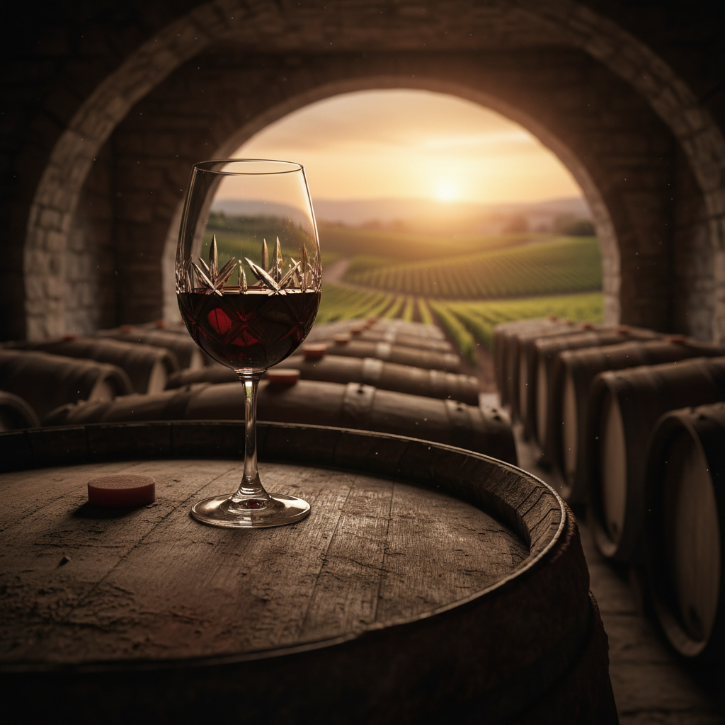 Copo de vinho tinto Ribera del Duero sobre barril de carvalho em adega espanhola, com vinhedos ao fundo.