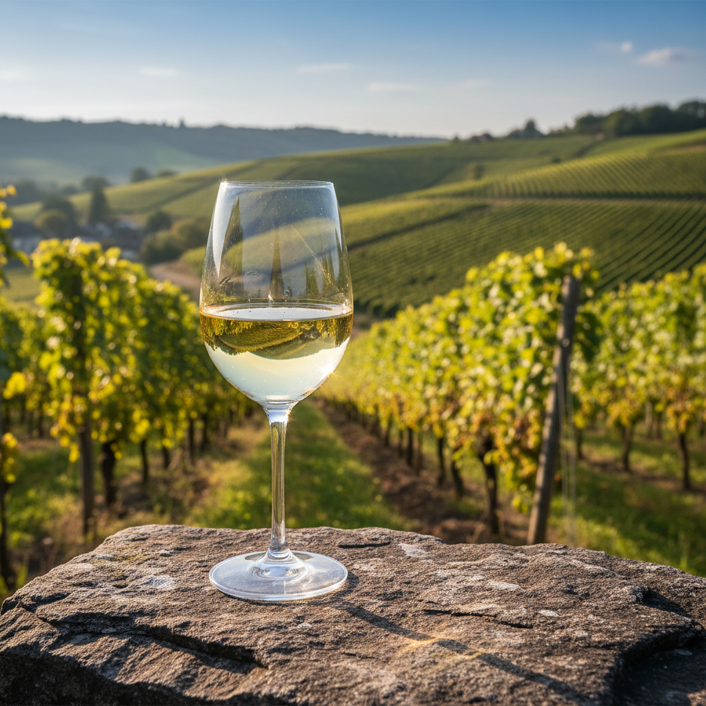 Taça de vinho Riesling dourado em uma superfície de pedra rústica, com um vinhedo alemão ensolarado e colinas ao fundo.