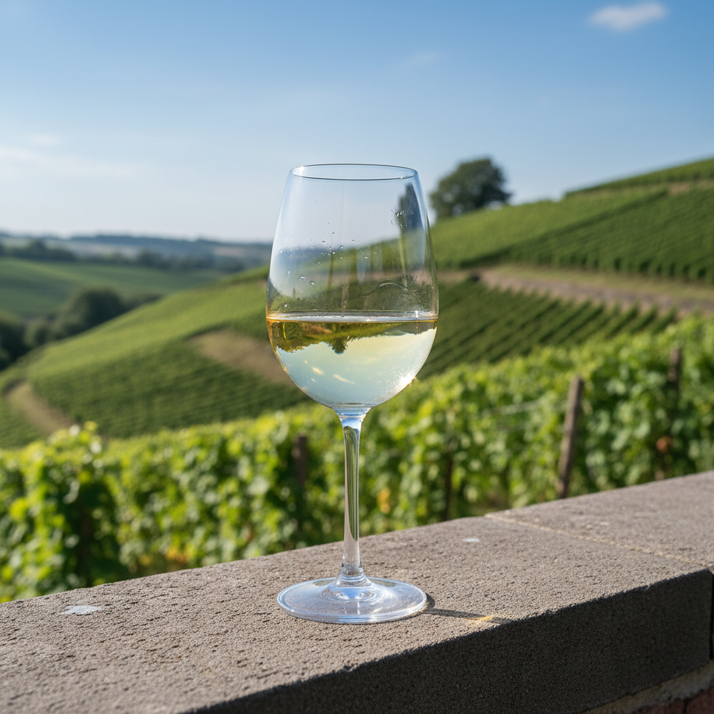 Taça de vinho branco Riesling sobre um muro de pedra, com vinhedos verdes e ensolarados ao fundo, capturando a essência da uva.