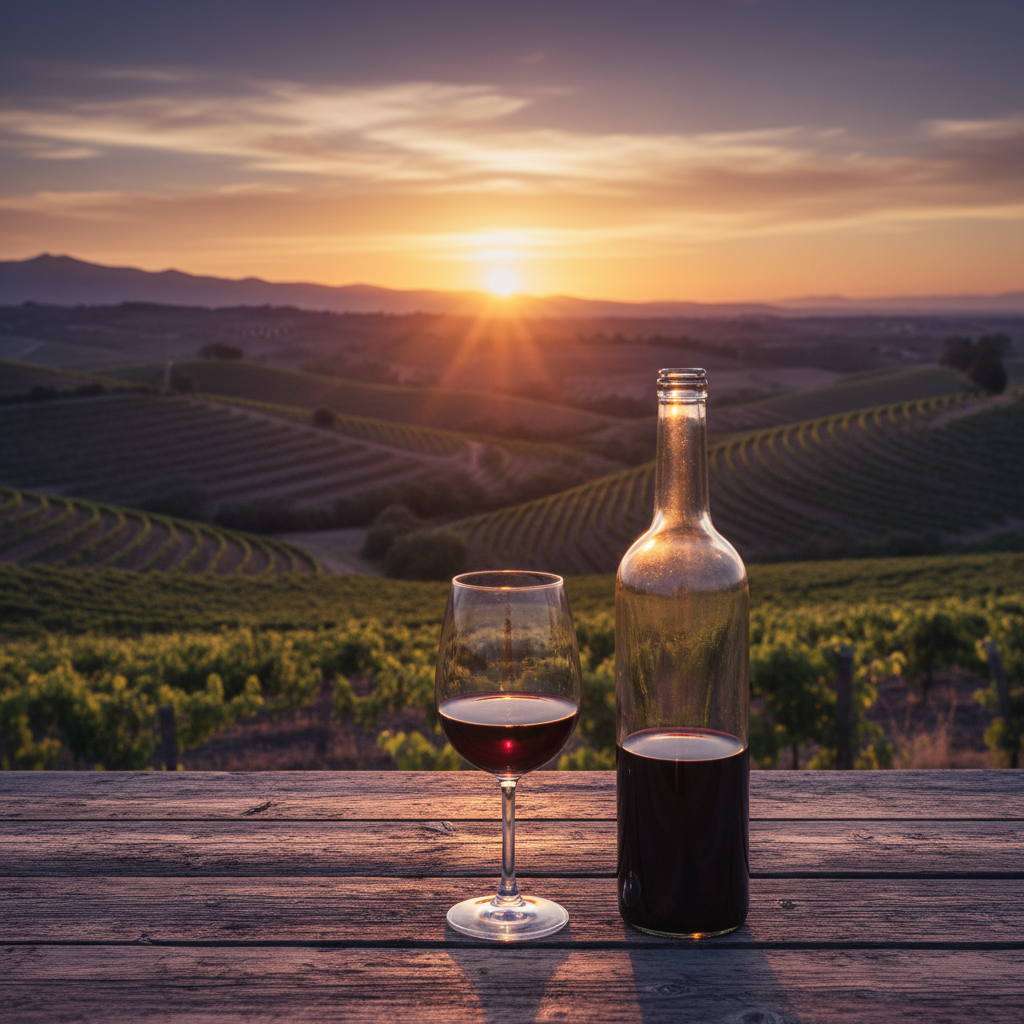 Vinhedos da Rioja ao pôr do sol com uma garrafa e taça de vinho tinto em primeiro plano.