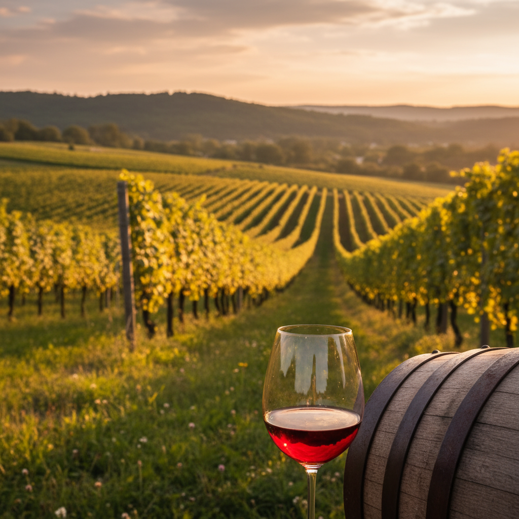 Vinhedo romeno ao pôr do sol com taça de vinho tinto e barril de carvalho, evocando a rica tradição vinícola da Romênia.