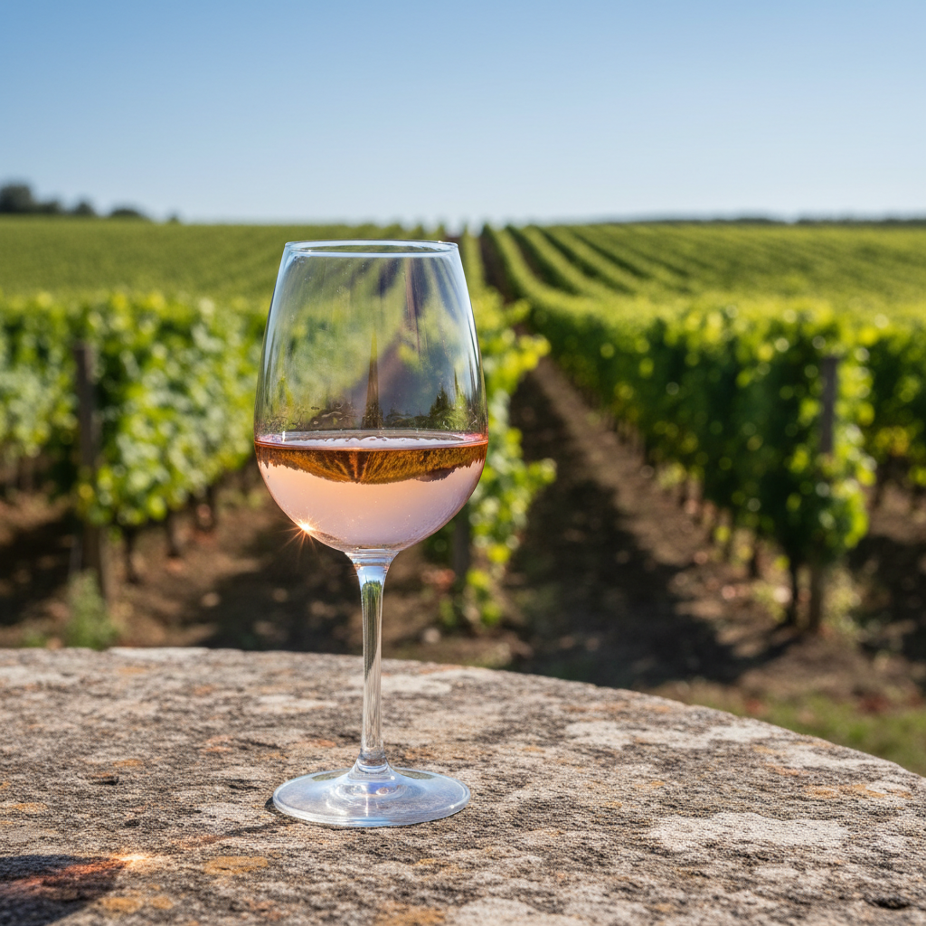 Uma taça de vinho rosé sobre uma mesa de pedra rústica, com um vinhedo verde e ensolarado ao fundo.