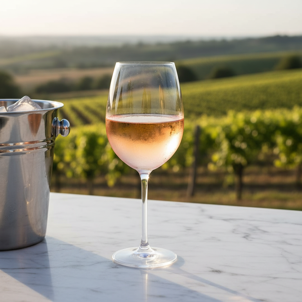 Taça de vinho rosé gelado com condensação em uma mesa de mármore, com um vinhedo ao fundo e um balde de gelo.