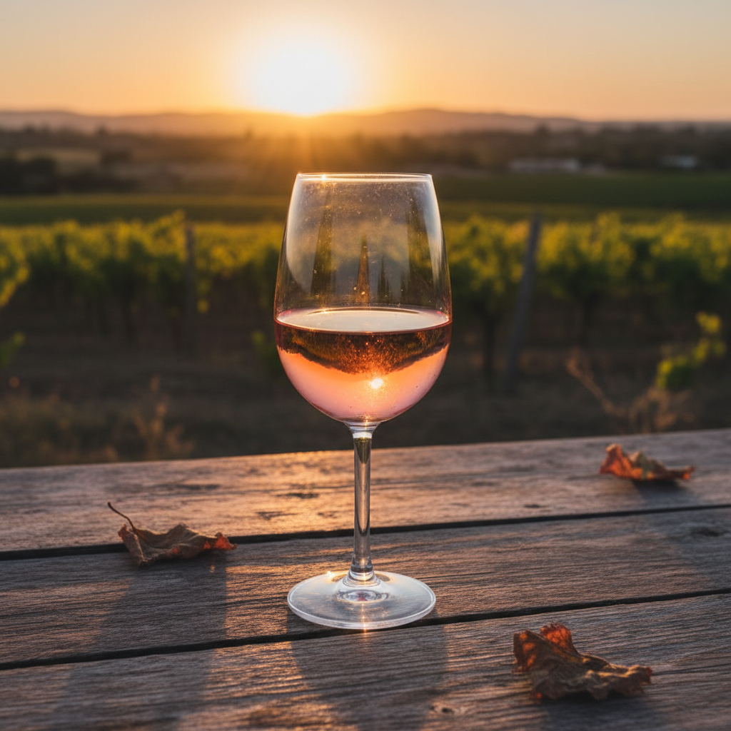 Taça de vinho rosé em mesa de madeira rústica, com vinhedo ao fundo sob a luz do pôr do sol.