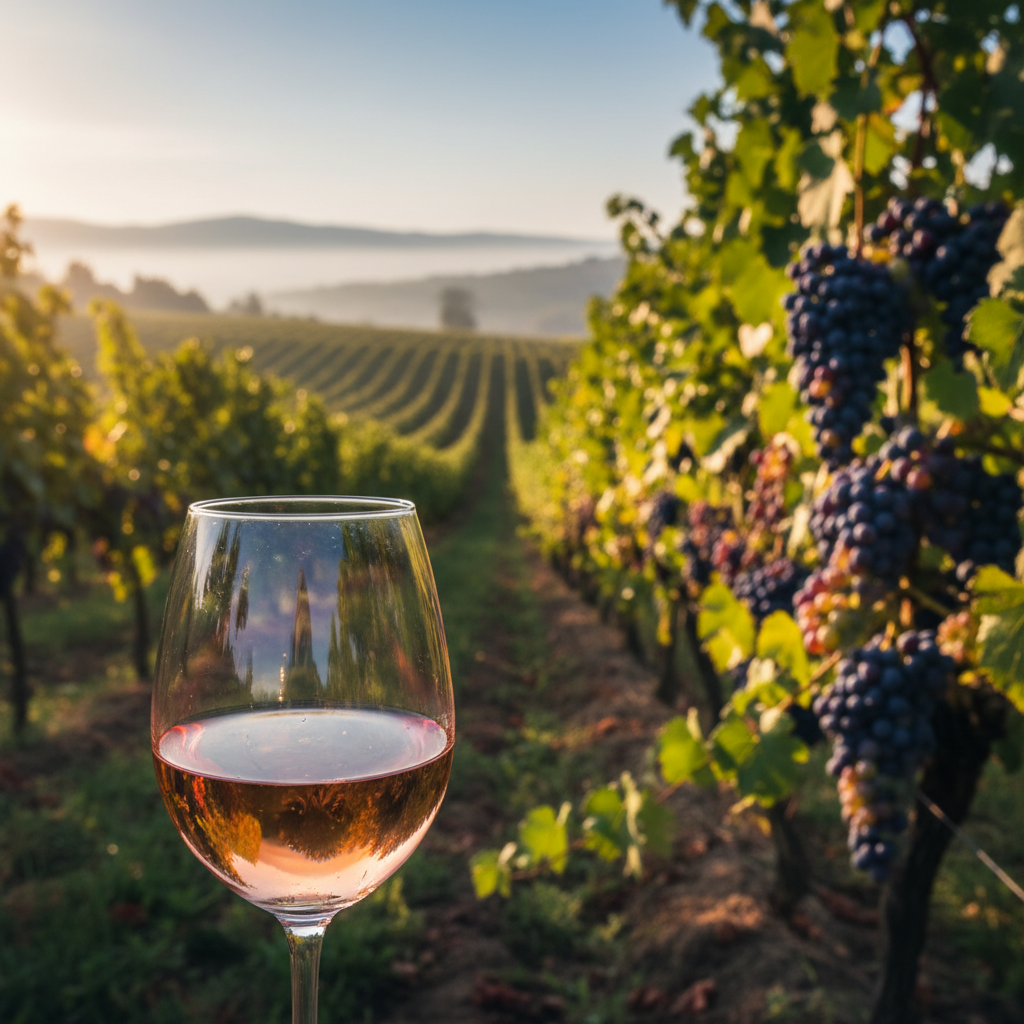 Taça de vinho rosé em um vinhedo ensolarado na Macedônia do Norte, transmitindo frescor e a beleza da região vinícola.