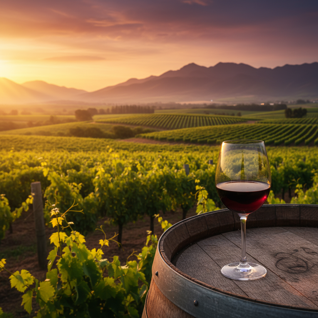 Taça de vinho tinto sobre barril de madeira em um vinhedo sul-africano ao pôr do sol, com colinas e vinhas ao fundo.