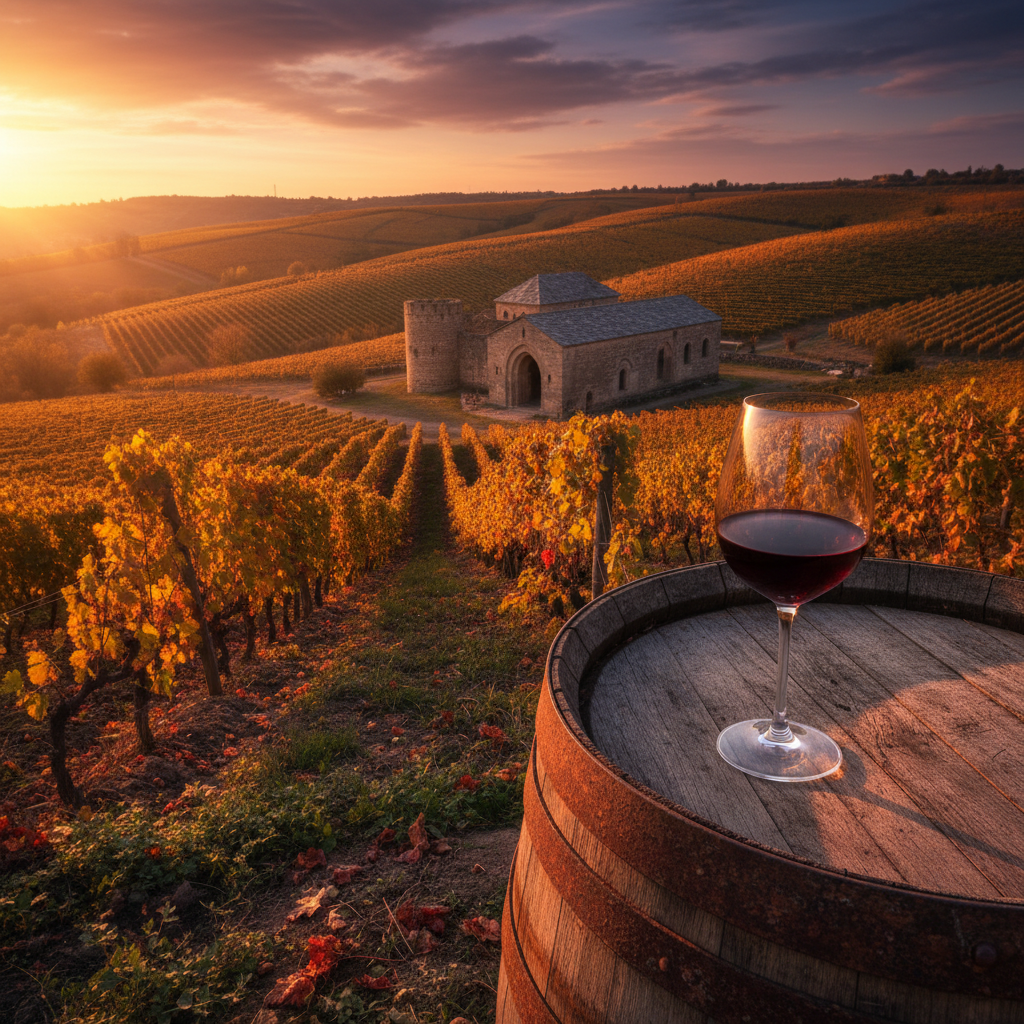 Vinhedos exuberantes no Azerbaijão ao pôr do sol, com uma taça de vinho tinto sobre um barril de madeira, simbolizando a rica tradição vinícola do país.