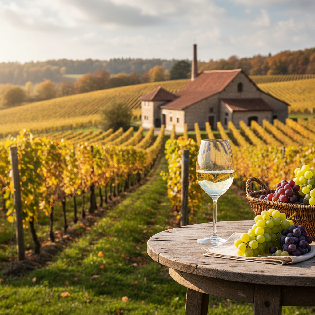 Vinhedo belga exuberante com fileiras de videiras verdes e cachos de uvas maduras, com uma taça de vinho espumante sobre uma mesa rústica ao pôr do sol.