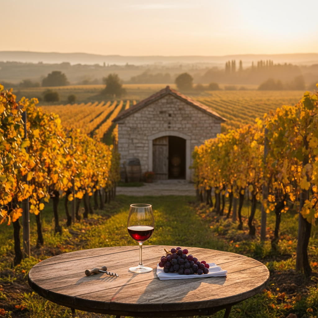 Vinhedo ensolarado na Herzegovina com uma taça de vinho na mesa e uma adega de pedra ao fundo, evocando a rota do vinho na Bósnia e Herzegovina.