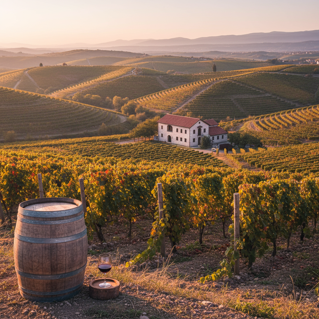 Vista panorâmica de um vinhedo na região da Herzegovina, Bósnia e Herzegovina, com colinas cobertas de videiras, um barril de vinho rústico e uma taça de vinho ao pôr do sol, transmitindo a serenidade da rota do vinho.