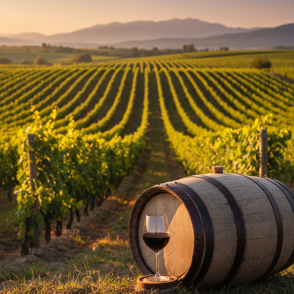 Vista panorâmica de um vinhedo búlgaro ao pôr do sol, com um copo de vinho tinto sobre um barril de carvalho em primeiro plano.