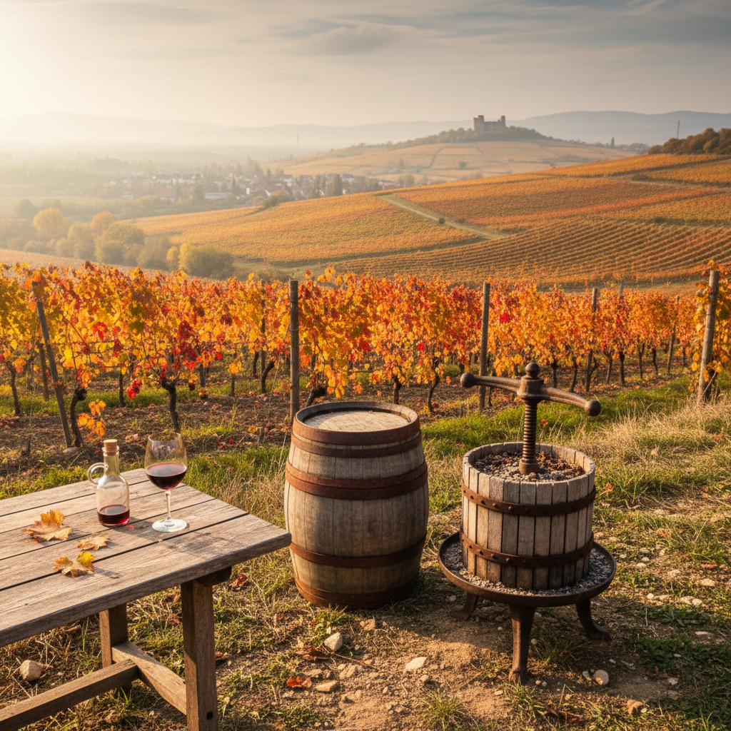 Vista panorâmica de um vinhedo na região dos Cárpatos Pequenos, Eslováquia, com cores outonais e um barril de vinho de madeira, simbolizando a rica história e sabor da rota do vinho.