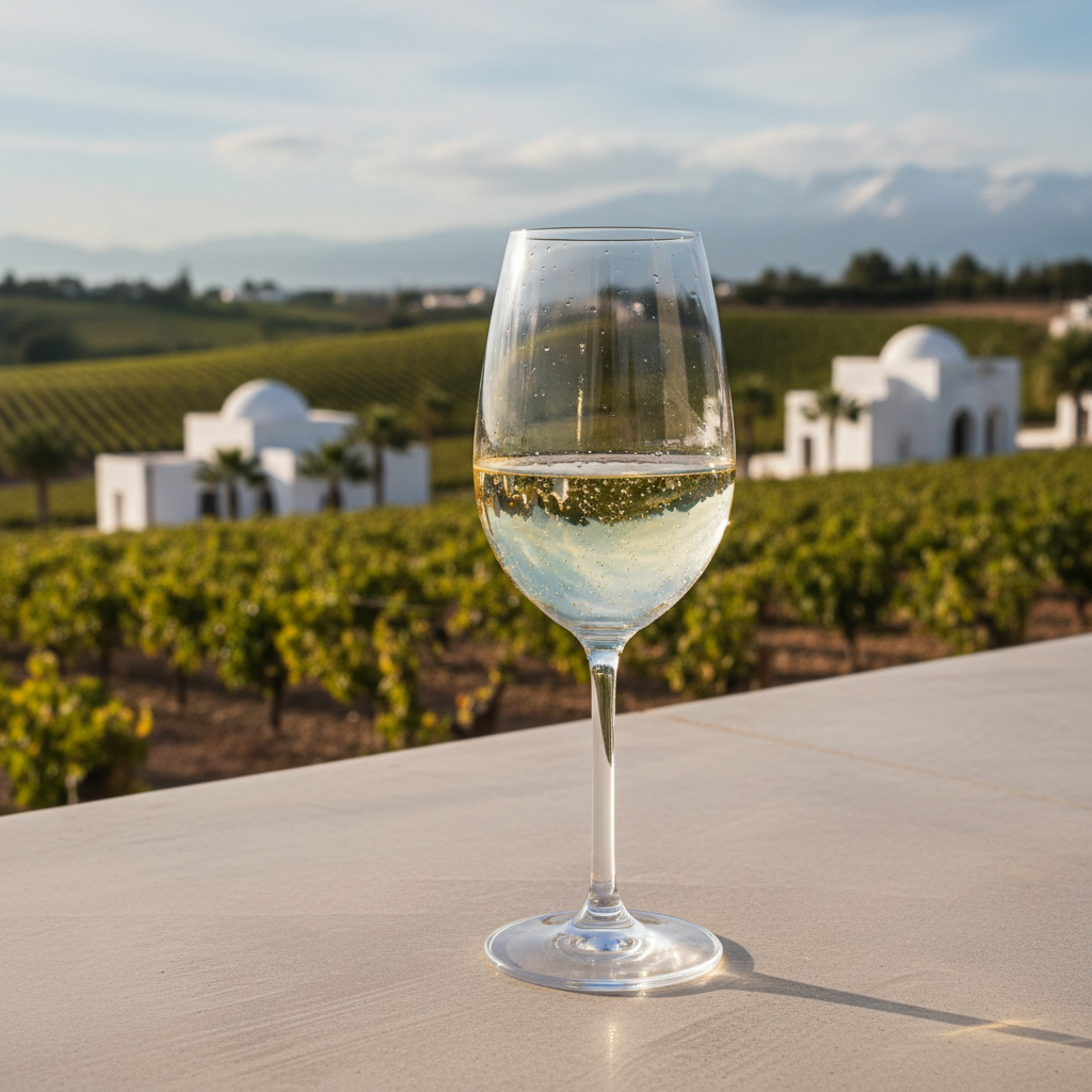 Taça elegante de vinho branco espumante com um vinhedo moderno e ensolarado na região de Casablanca, Marrocos, ao fundo.
