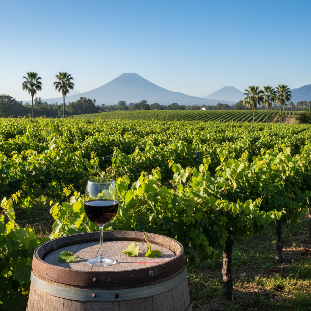 Vinhedo exuberante sob um céu azul, com uma taça de vinho tinto em primeiro plano e um barril de madeira, representando a emergente cena vinícola em El Salvador.