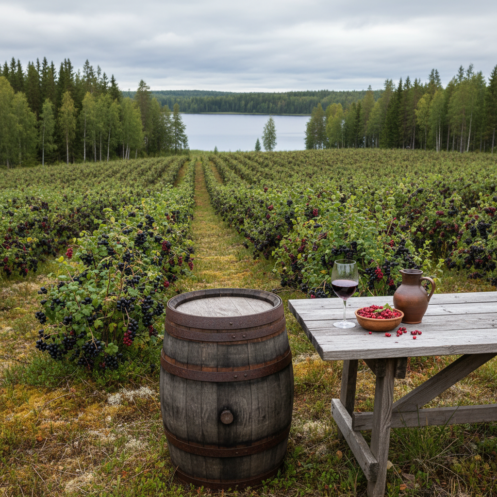 Imagem de um vinhedo nórdico na Finlândia, com arbustos de frutas vermelhas, um barril de madeira rústico e uma taça de vinho de frutas. Ao fundo, uma paisagem finlandesa com lago e floresta.