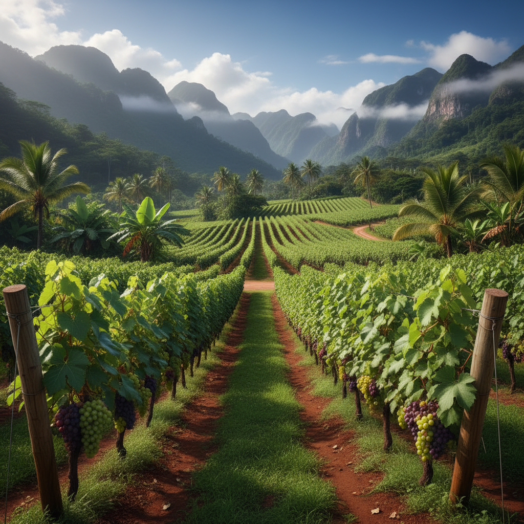 Vinhedo exuberante em Honduras com montanhas ao fundo, simbolizando os projetos pioneiros de viticultura em um clima tropical.
