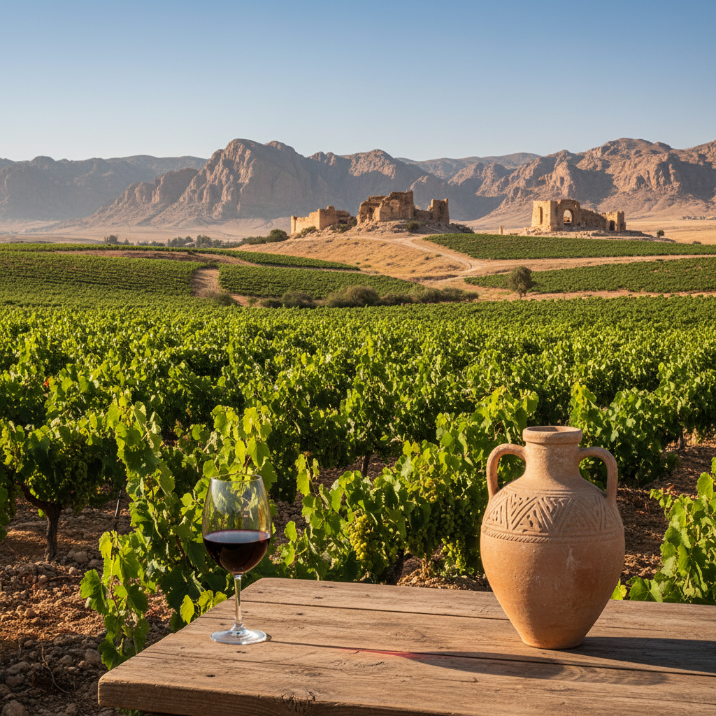 Vinhedo exuberante na Jordânia ao pôr do sol, com taça de vinho em primeiro plano e montanhas desérticas ao fundo, evocando a rica história do vinho local.