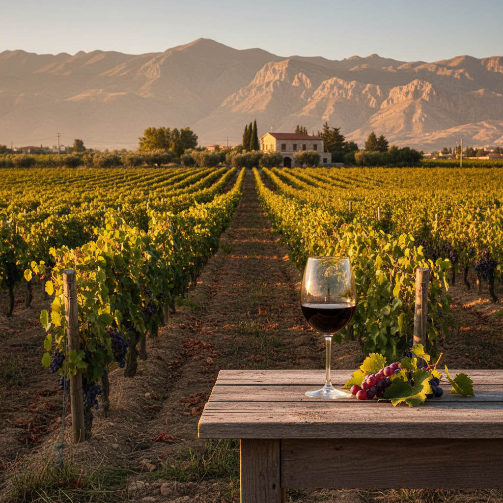 Vinhedo exuberante no Vale do Bekaa, Líbano, com montanhas ao fundo e uma taça de vinho tinto em uma mesa rústica ao pôr do sol.