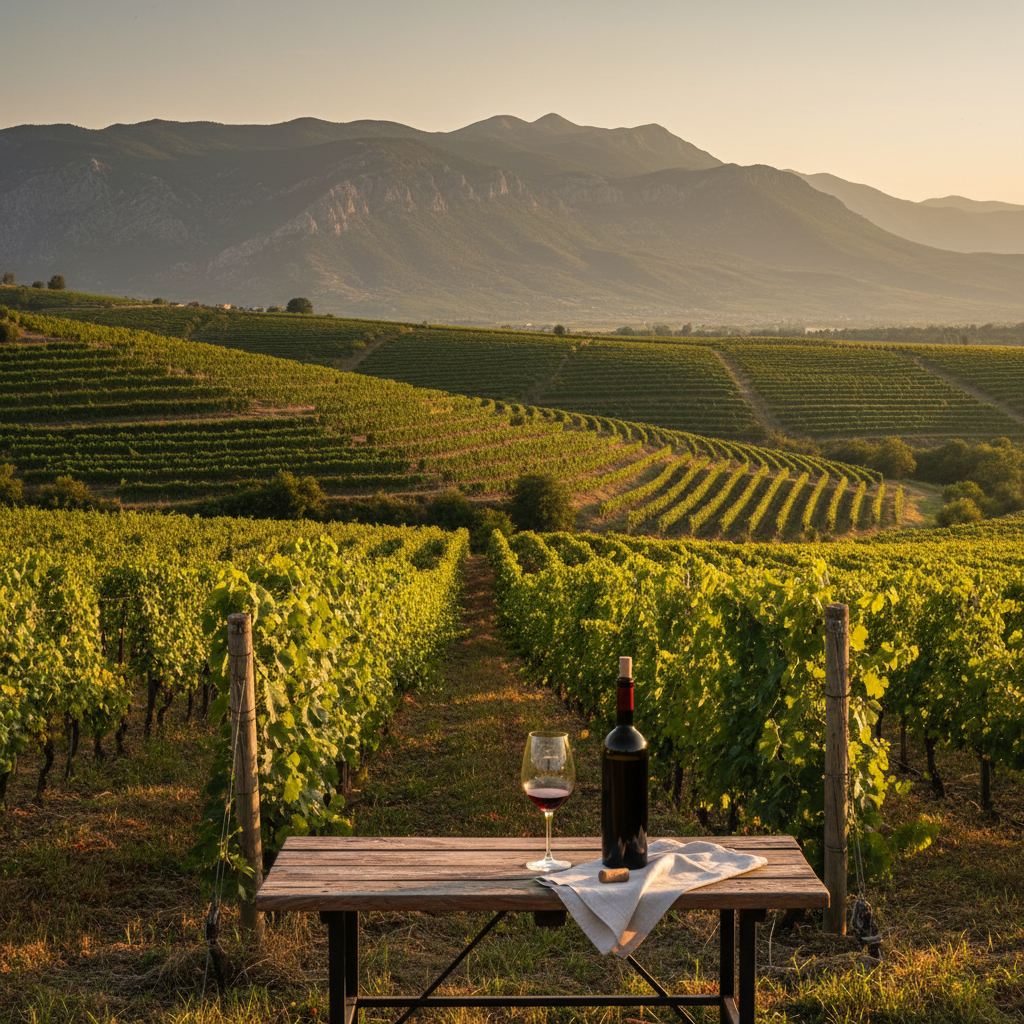 Vinhedo ensolarado na Macedônia do Norte, com taça de vinho e garrafa sobre uma mesa rústica, convidando à degustação.