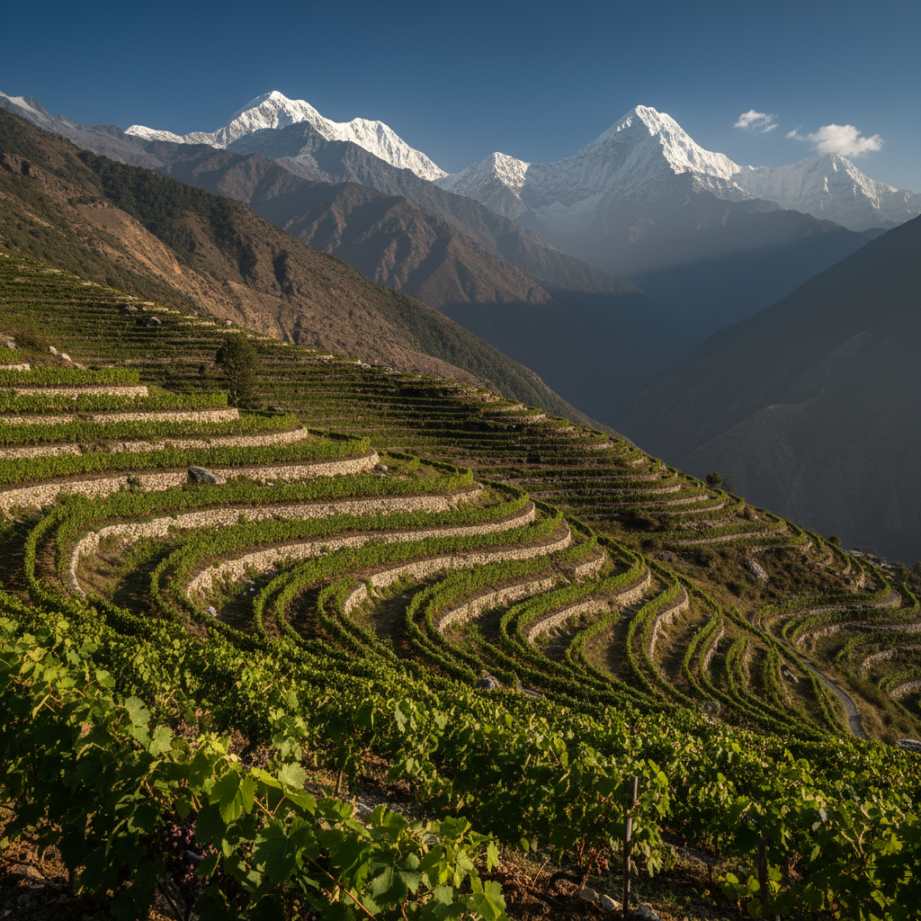 Vinhedo em socalcos nas altas montanhas do Nepal, com fileiras de videiras verdes e majestosos picos nevados do Himalaia ao fundo, sob um céu claro e azul.