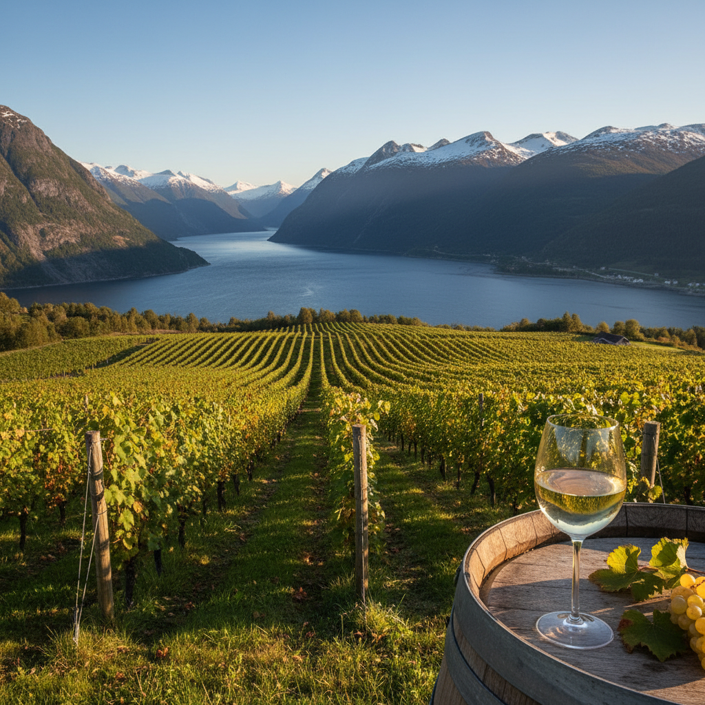 Um vinhedo norueguês com um copo de vinho branco em um barril, tendo fiordes e montanhas nevadas ao fundo, sob luz natural.