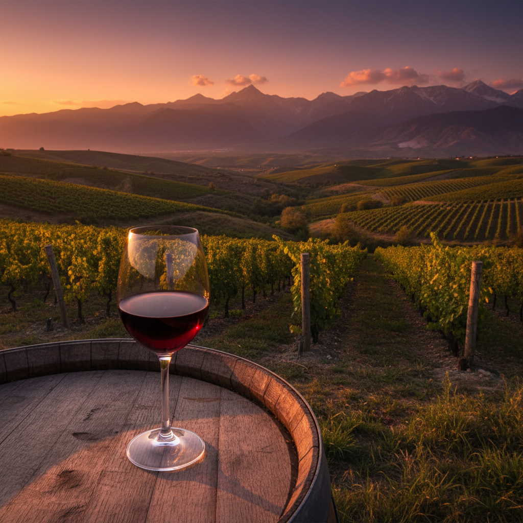 Vinhedo exuberante no Quirguistão ao pôr do sol, com montanhas ao fundo e uma taça de vinho tinto sobre um barril de madeira rústico.