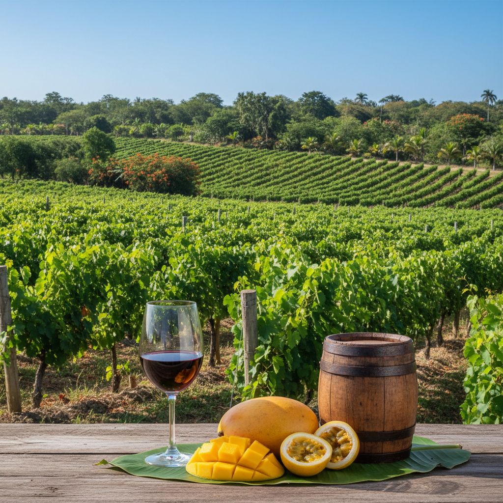 Vinhedo exuberante na República Dominicana com um copo de vinho tinto, frutas tropicais e um barril de madeira, simbolizando o enoturismo caribenho.