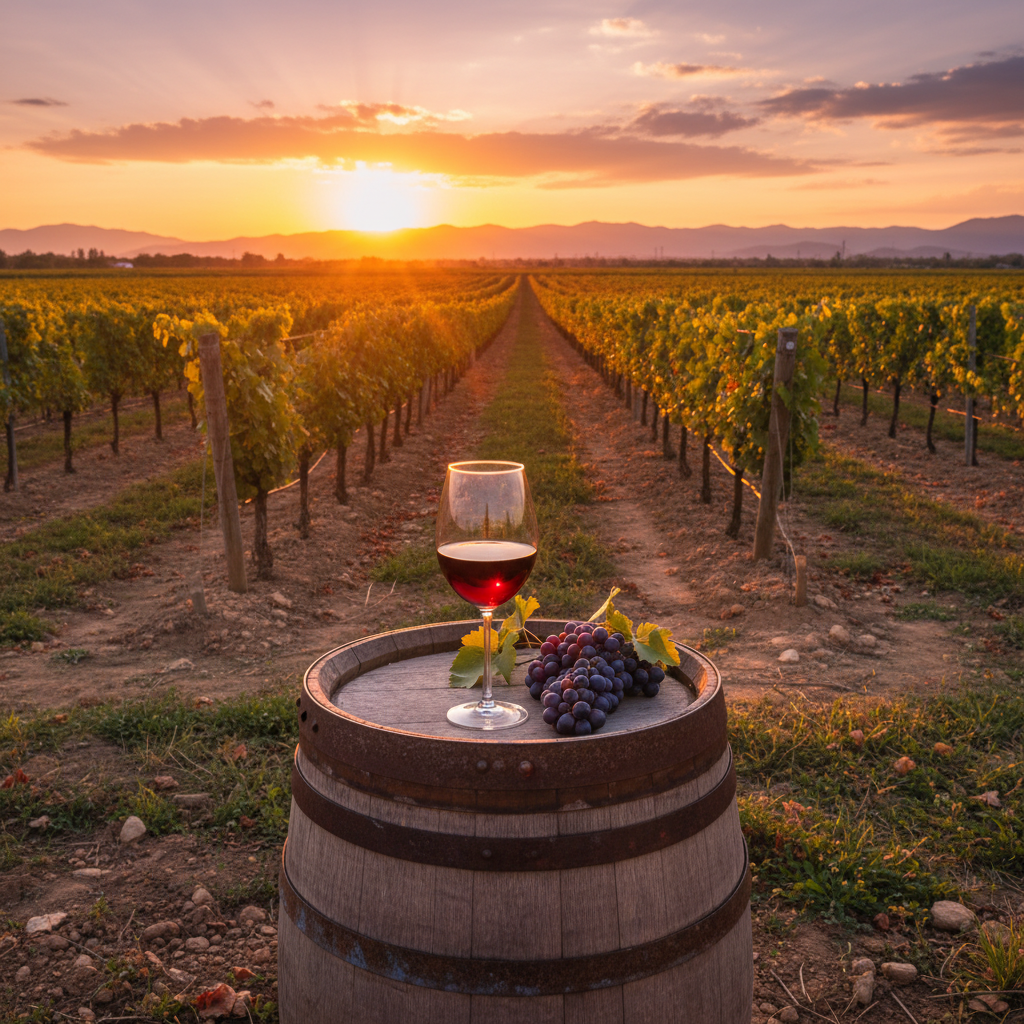 Vinhedo tailandês ao pôr do sol com taça de vinho tinto sobre barril, destacando a beleza da rota do vinho na Tailândia.
