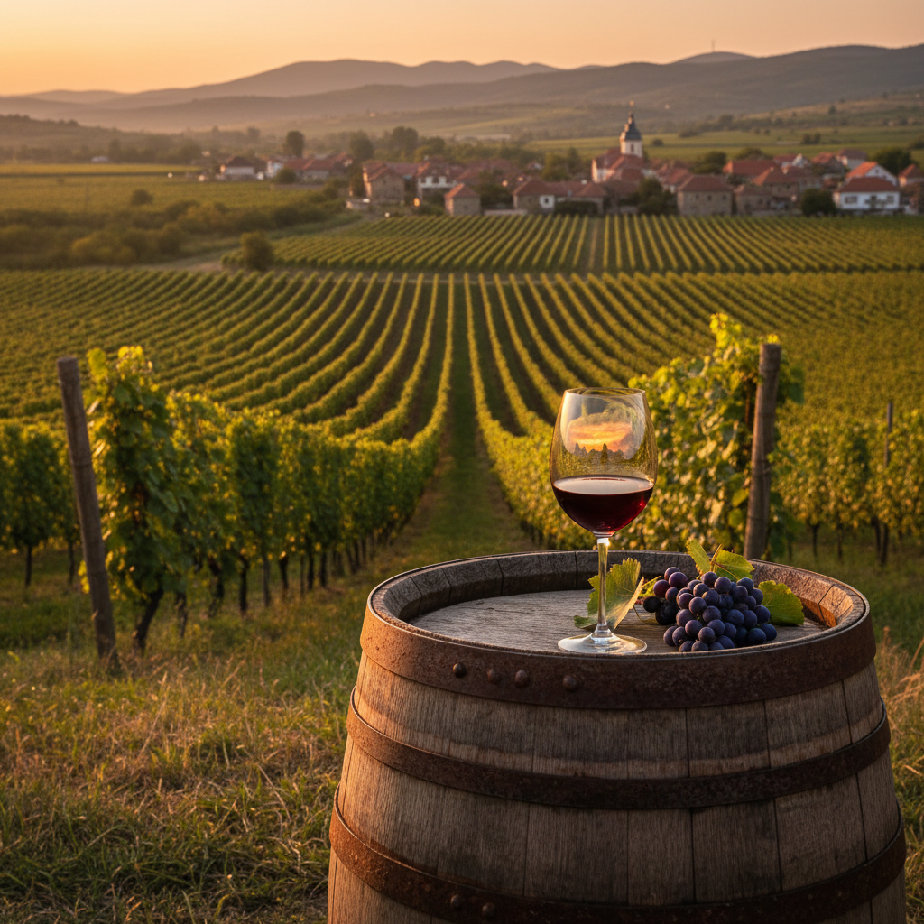 Vinhedo da Transcarpátia na Ucrânia Ocidental ao pôr do sol, com um barril de madeira e taça de vinho em primeiro plano.