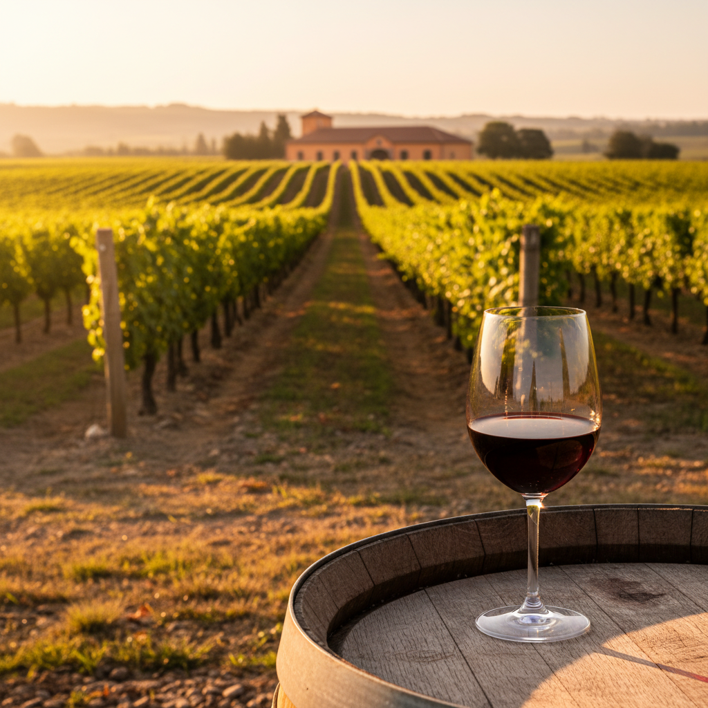 Vinhedo uruguaio ao pôr do sol com taça de vinho tinto e barril, convidando à experiência da rota do vinho.