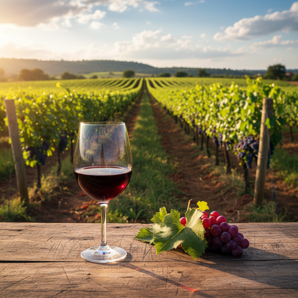Vinhedo ensolarado na Zâmbia com uma taça de vinho tinto em primeiro plano, transmitindo a serenidade da paisagem local e a experiência de degustação.