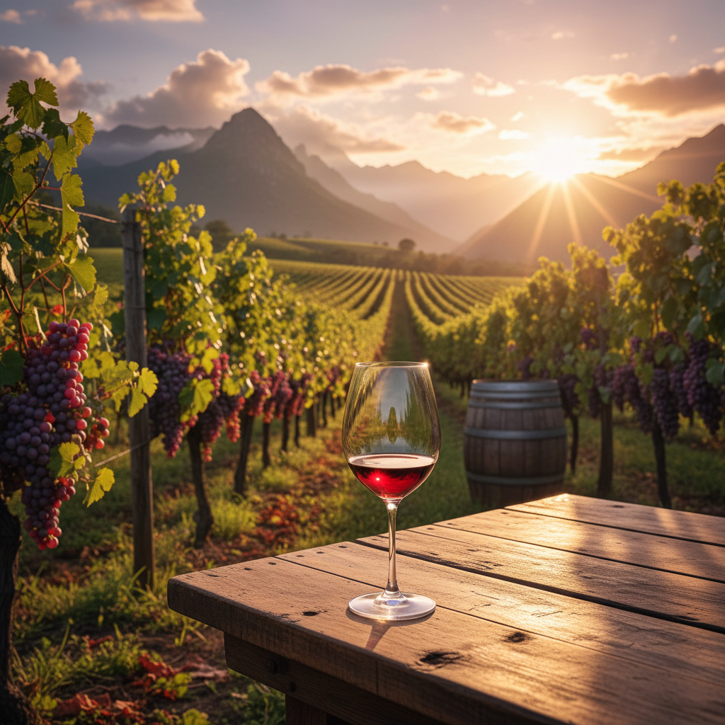 Vinhedo exuberante em Honduras com montanhas tropicais ao fundo, uma taça de vinho elegante em primeiro plano e um barril de vinho embaçado, sob a luz do pôr do sol.