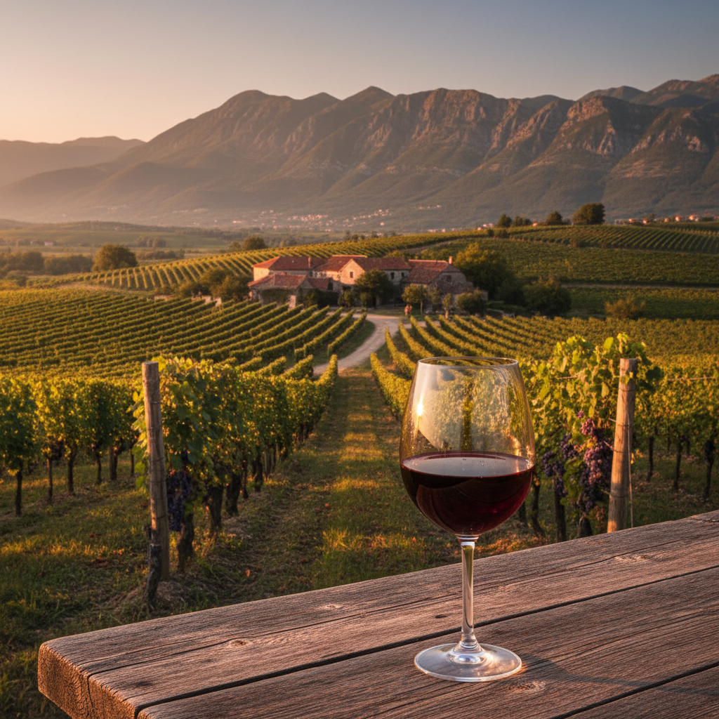 Vinhedo montenegrino exuberante sob a luz do pôr do sol, com uma taça de vinho tinto sobre uma mesa de madeira, simbolizando uma experiência de enoturismo.