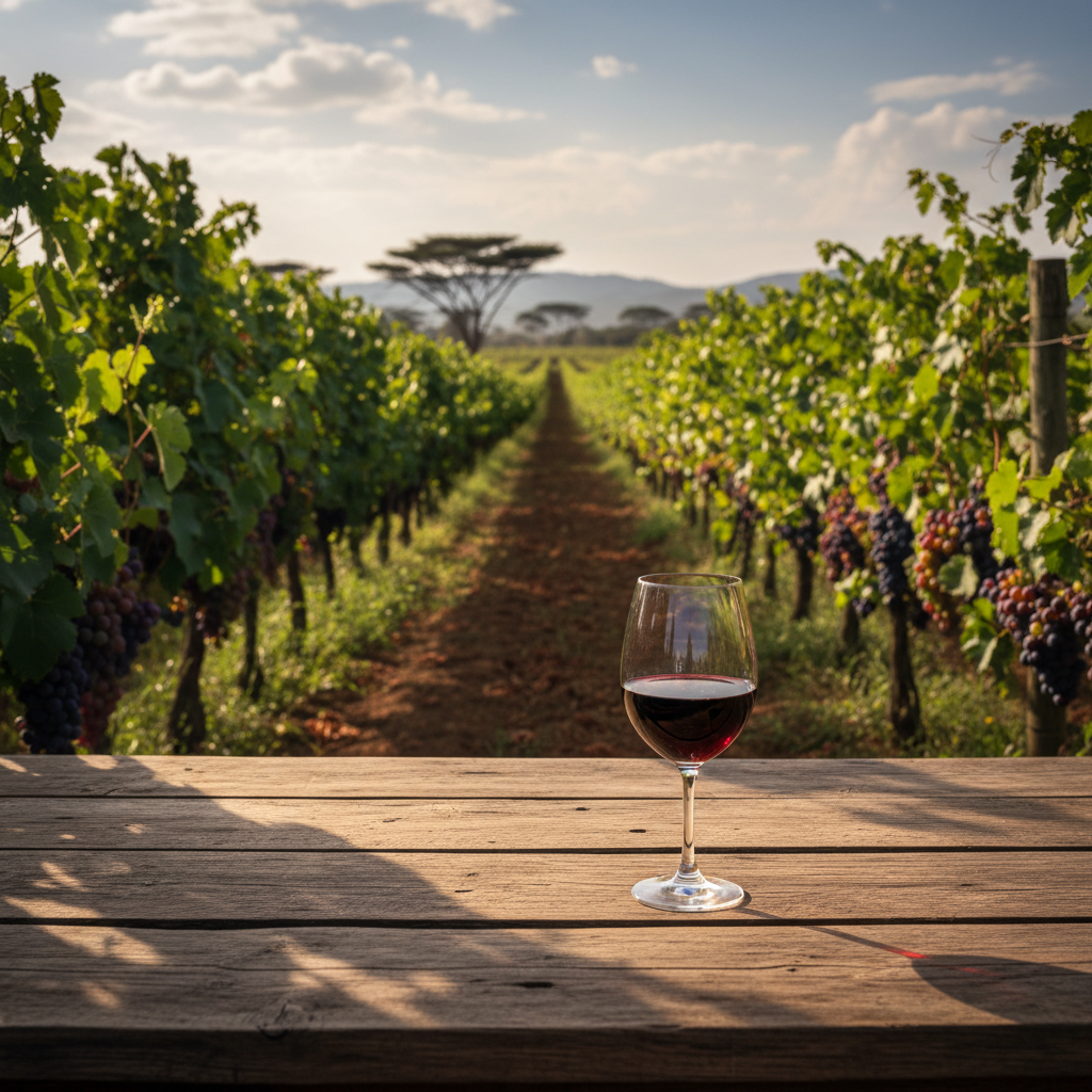Vinhedo exuberante na Tanzânia com taça de vinho tinto em uma mesa de madeira, refletindo o sol africano e a paisagem distante.