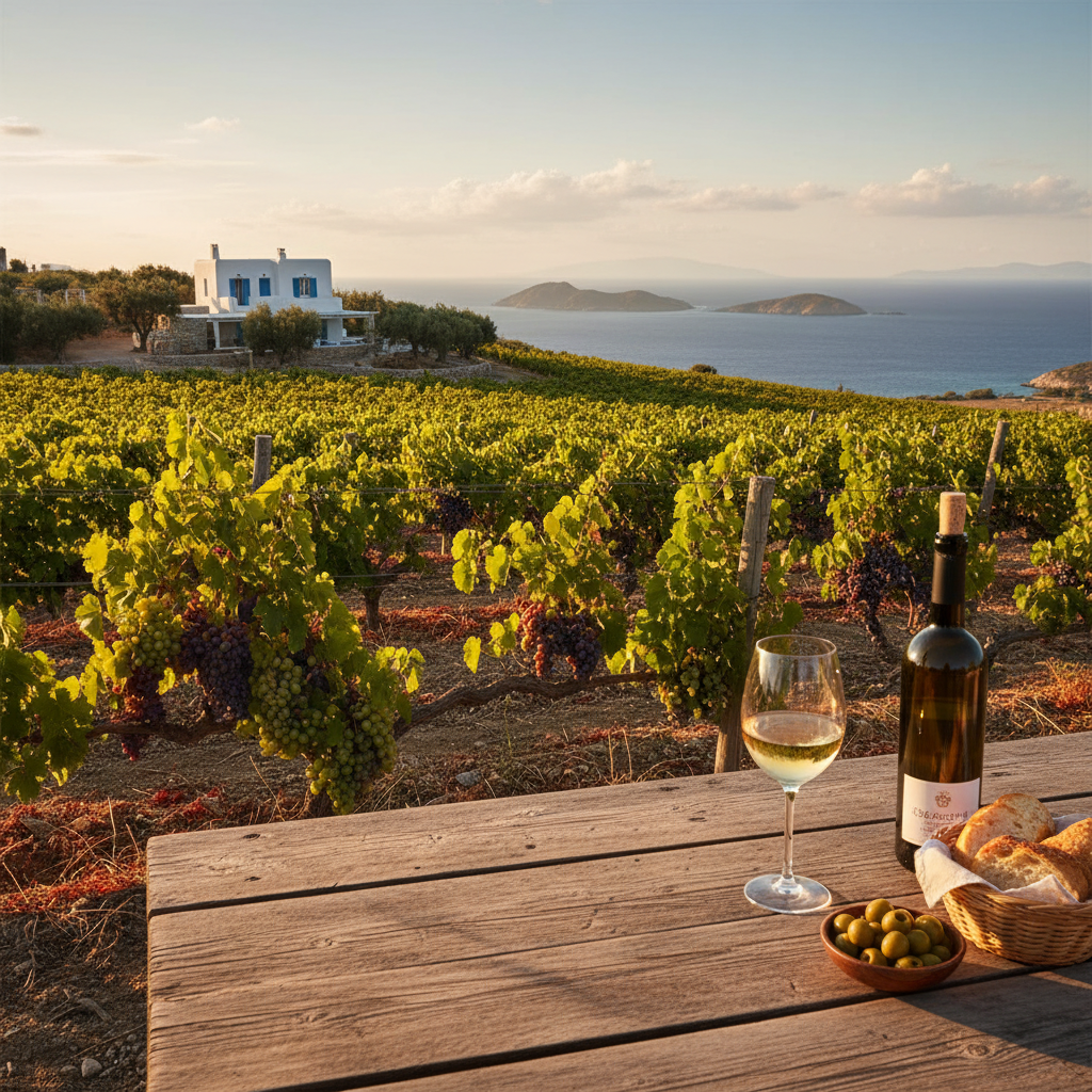 Vinhedo grego ao pôr do sol com taça de vinho branco em mesa de madeira e Mar Egeu ao fundo.