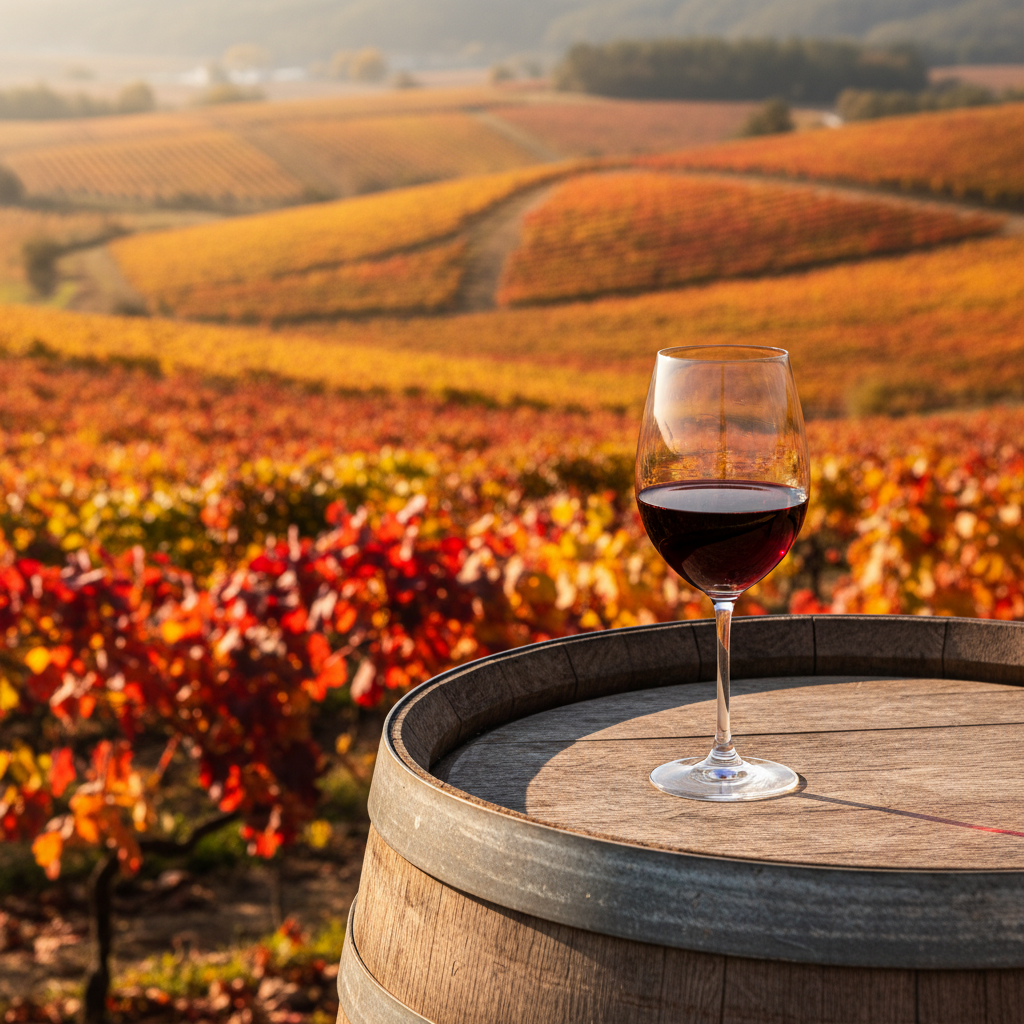 Uma taça elegante de vinho tinto repousando sobre um barril de carvalho em um vinhedo coreano pitoresco durante o outono, com as videiras exibindo folhagem vibrante sob um céu azul.