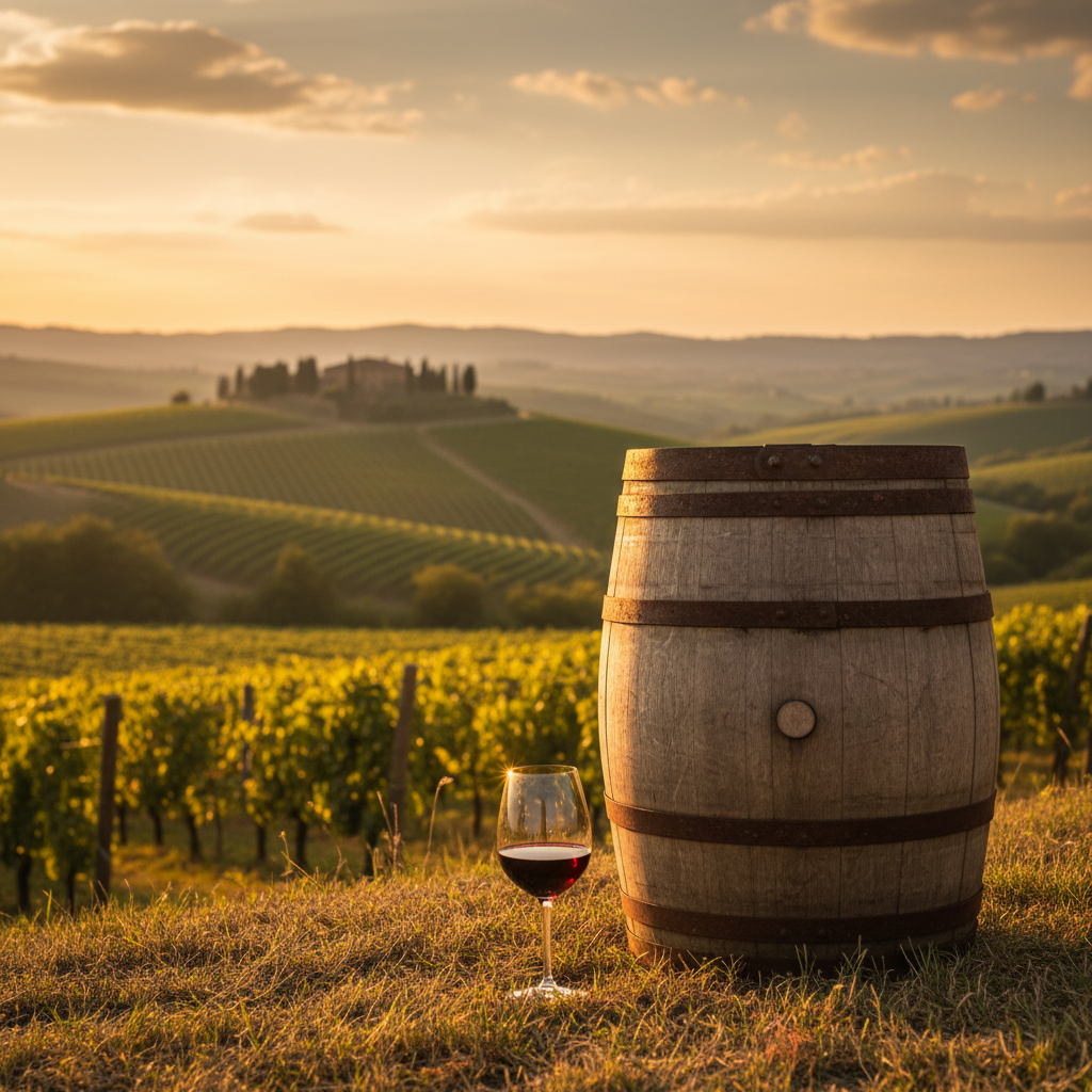 Paisagem de vinhedo italiano ao entardecer com barril de madeira rústico e taça de vinho, refletindo a luz dourada.
