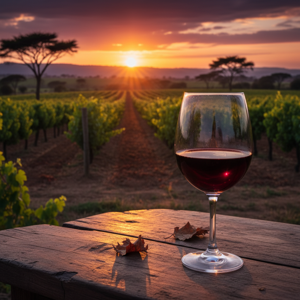 Taça de vinho tinto em um vinhedo no Quênia, com paisagem africana ensolarada e colinas ao fundo, simbolizando o enoturismo.