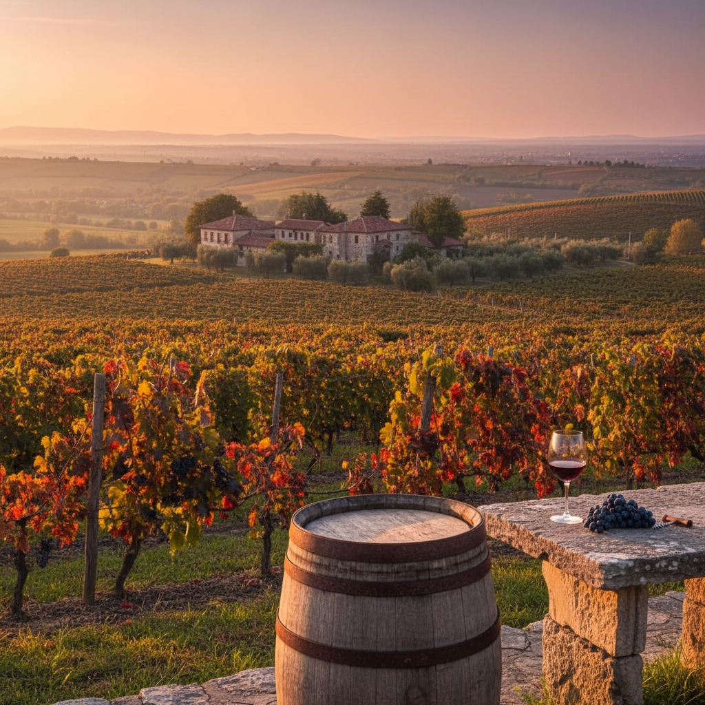Vinhedo albanês pitoresco ao pôr do sol, com barril de vinho rústico e taça, em meio a paisagens montanhosas e arquitetura tradicional.